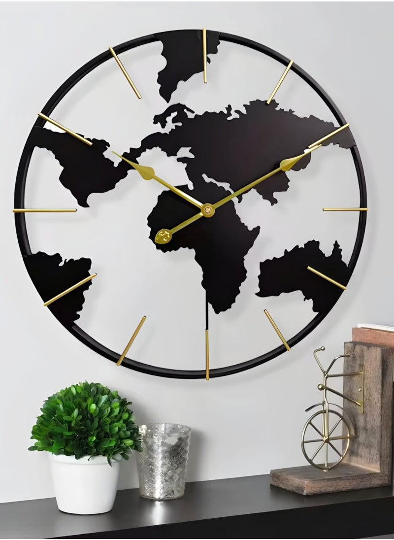 NXUS - Round Wall Clock with World Map Design, Black, for Living Room, Bedroom, Office, Kitchen - 60cm - Image 1