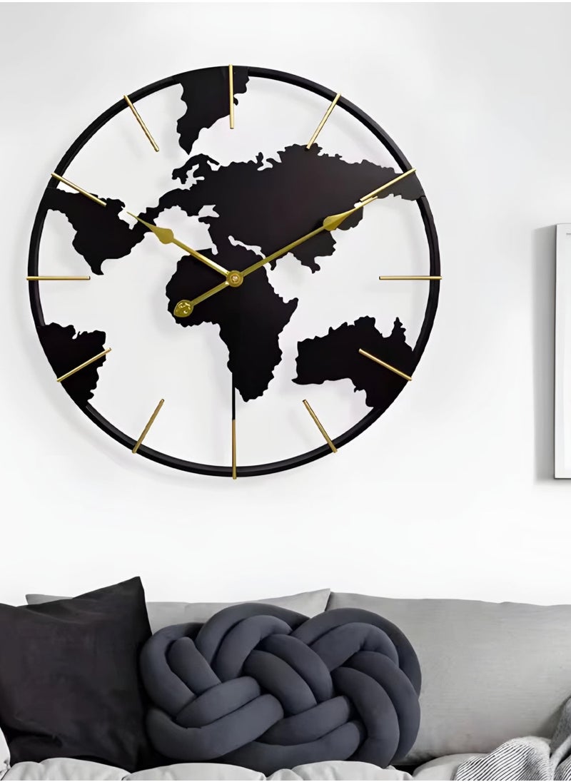 NXUS - Round Wall Clock with World Map Design, Black, for Living Room, Bedroom, Office, Kitchen - 60cm - Image 1
