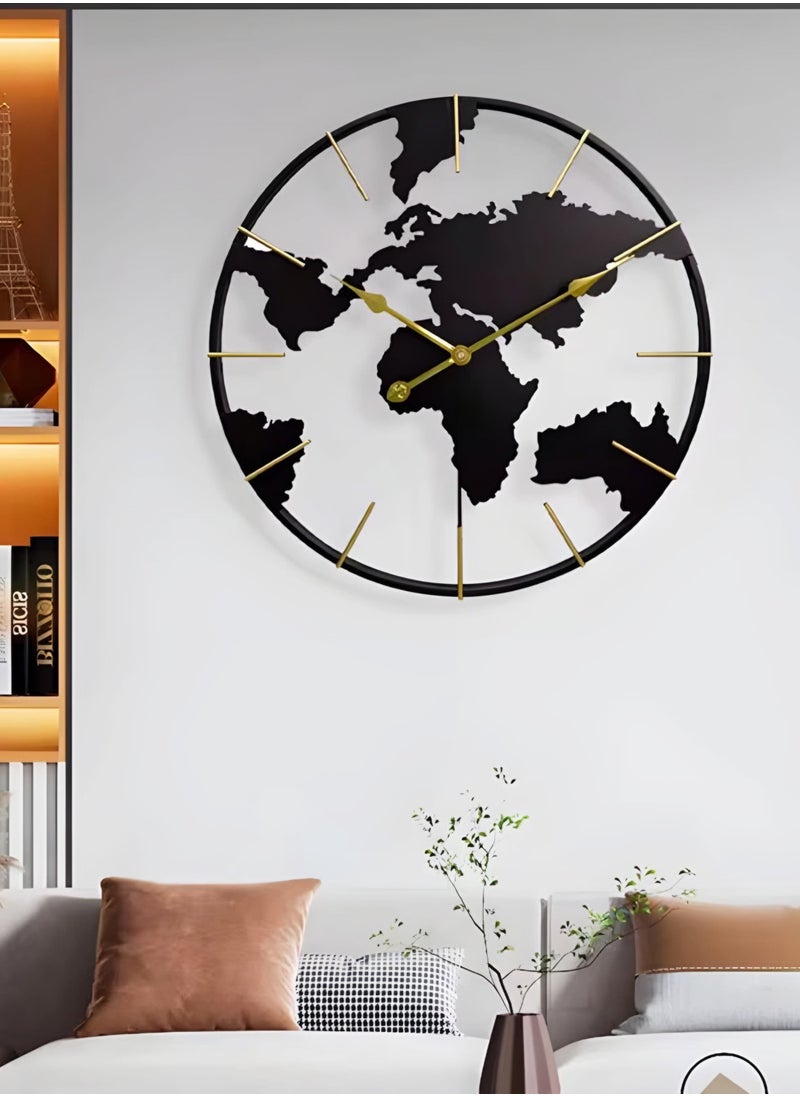 NXUS - Round Wall Clock with World Map Design, Black, for Living Room, Bedroom, Office, Kitchen - 60cm - Image 1