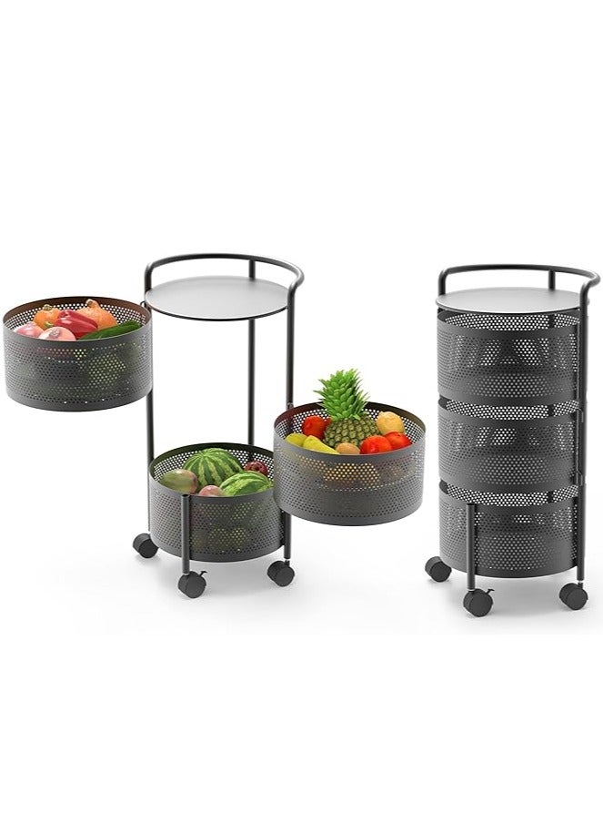 Arabest Rotating Storage Shelves Rack for Kitchen, 3-Tier Multi Layer Removable Basket Shelf Organizer on Rolling Wheels for Fruit Vegetable Grocery Corns Potato Onion (3-Tier, Black) - Image 1