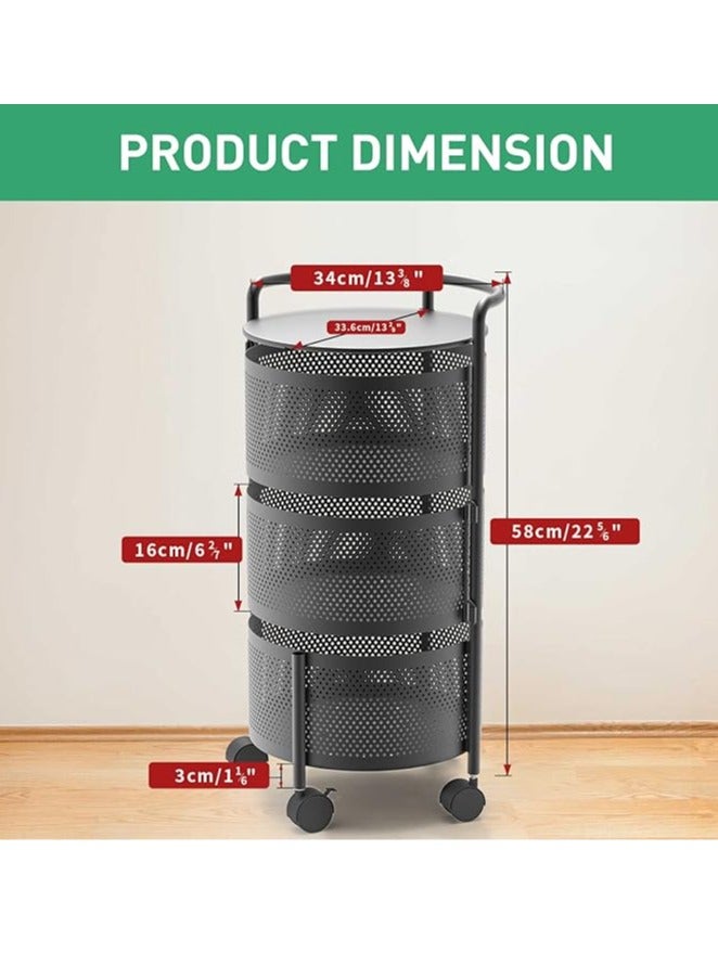 Arabest Rotating Storage Shelves Rack for Kitchen, 3-Tier Multi Layer Removable Basket Shelf Organizer on Rolling Wheels for Fruit Vegetable Grocery Corns Potato Onion (3-Tier, Black) - Image 2