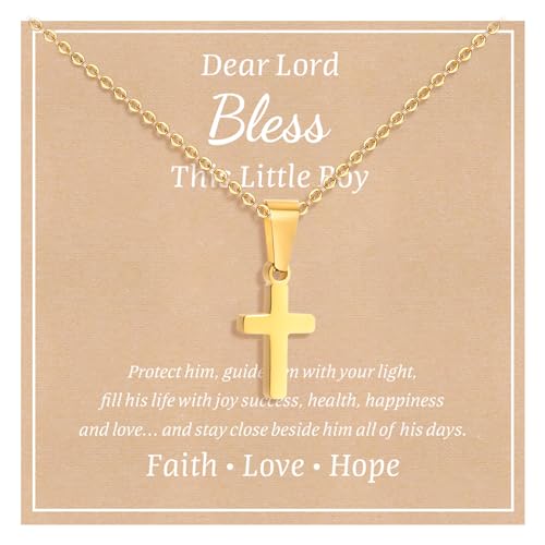 MEALGUET Stainless Steel Cross Necklace for Boys : Minimalist Cross Chain Pendant Necklace Jewelry First Communion Confirmation Baptism Gifts for Son Nephew Toddler,Gold Plated - Image 1