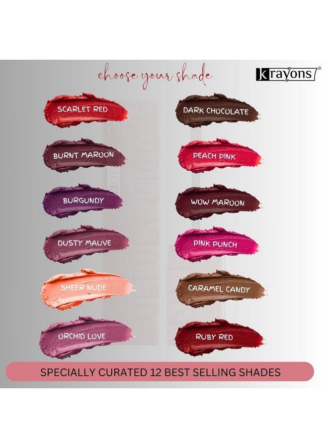 Krayons Velvet Kiss Liquid Matte Lipstick for Women |12hr stay|Smudgeproof & Transferproof|Combo Pack|Dusty Mauve,Sheer Nude,Orchid Love,Dark Chocolate,Peach Pink,Wow Maroon,3.5ml each- PACK OF 6 - Image 4