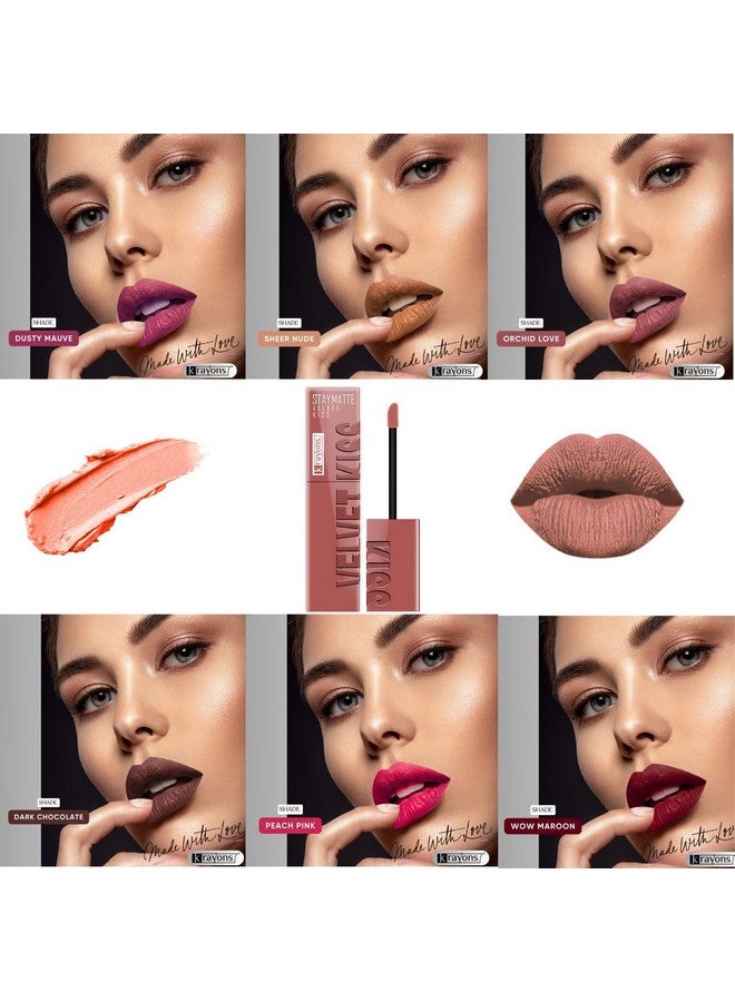 Krayons Velvet Kiss Liquid Matte Lipstick for Women |12hr stay|Smudgeproof & Transferproof|Combo Pack|Dusty Mauve,Sheer Nude,Orchid Love,Dark Chocolate,Peach Pink,Wow Maroon,3.5ml each- PACK OF 6 - Image 2