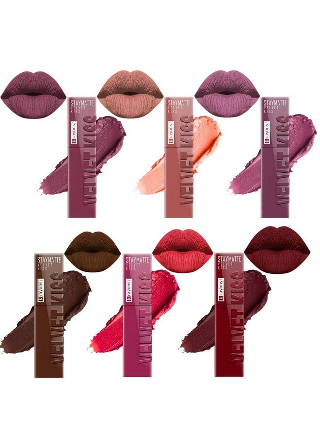 Krayons Velvet Kiss Liquid Matte Lipstick for Women |12hr stay|Smudgeproof & Transferproof|Combo Pack|Dusty Mauve,Sheer Nude,Orchid Love,Dark Chocolate,Peach Pink,Wow Maroon,3.5ml each- PACK OF 6 - Image 1
