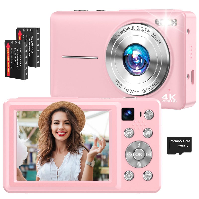 Froitx 4K Digital Camera, 64MP Autofocus Vlogging Camera with Dual Lens, 16X Digital Zoom YouTube Compact Travel Point Shoot Camera for Teens Beginner, Anti-Shake,2 Batteries, 32GB Card (Pink) - Image 1