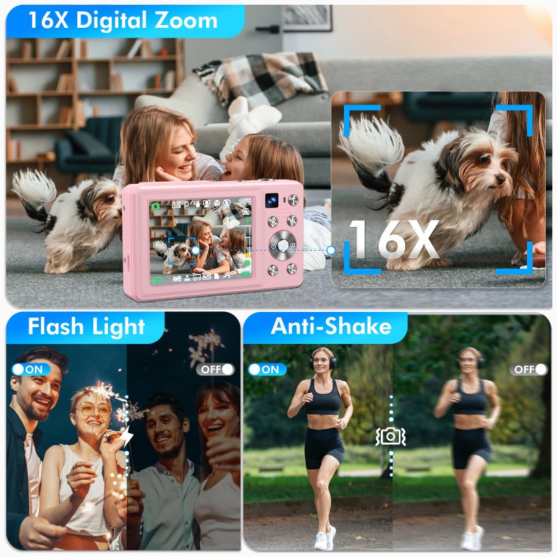 Froitx 4K Digital Camera, 64MP Autofocus Vlogging Camera with Dual Lens, 16X Digital Zoom YouTube Compact Travel Point Shoot Camera for Teens Beginner, Anti-Shake,2 Batteries, 32GB Card (Pink) - Image 5