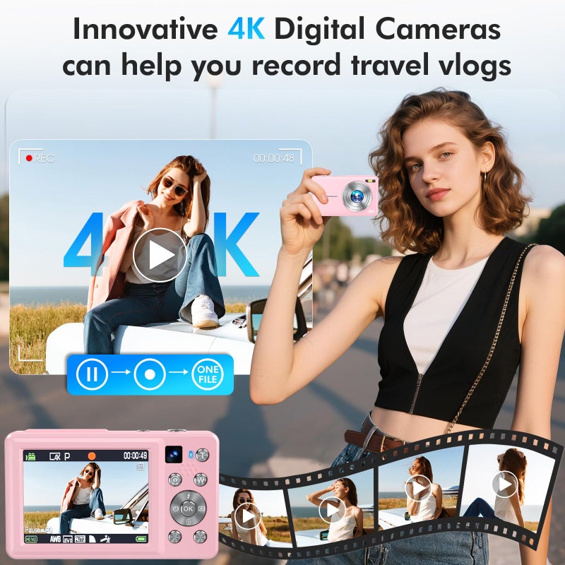 Froitx 4K Digital Camera, 64MP Autofocus Vlogging Camera with Dual Lens, 16X Digital Zoom YouTube Compact Travel Point Shoot Camera for Teens Beginner, Anti-Shake,2 Batteries, 32GB Card (Pink) - Image 2
