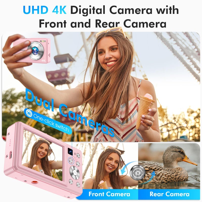 Froitx 4K Digital Camera, 64MP Autofocus Vlogging Camera with Dual Lens, 16X Digital Zoom YouTube Compact Travel Point Shoot Camera for Teens Beginner, Anti-Shake,2 Batteries, 32GB Card (Pink) - Image 4
