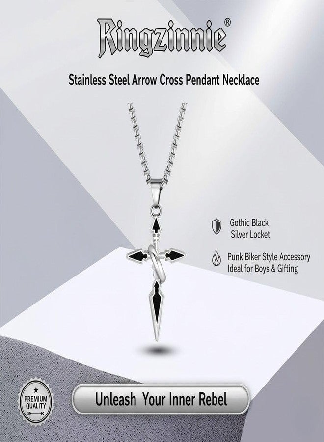 ringzinnie Arrow Cross Pendant Necklace for Boys & Men | Stainless Steel Black Silver Gothic Cross Locket with Chain | Punk Biker Style Fashion Jewelry for Daily Wear, Party & Gifting - Image 5
