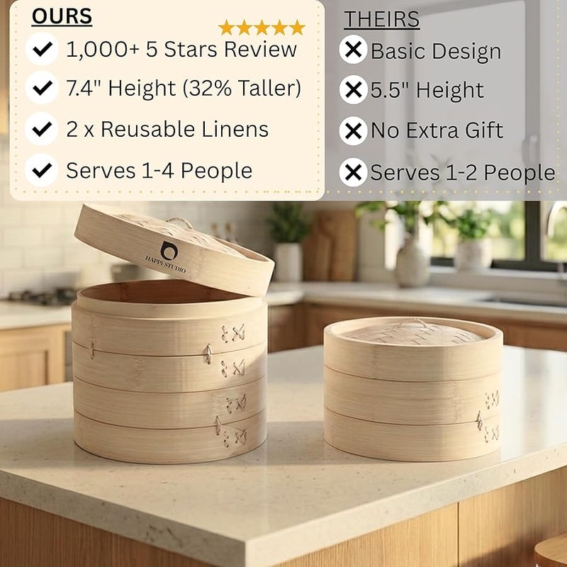 HAPPi STUDIO Bamboo Steamer 10 inch and 304 Stainless Steel Steamer Ring Set - Dumpling Steamer - 2-Tier Bamboo Steamer Basket - Steamer for Cooking Bao Buns - Steamer Basket - Image 2