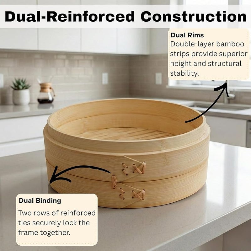HAPPi STUDIO Bamboo Steamer 10 inch and 304 Stainless Steel Steamer Ring Set - Dumpling Steamer - 2-Tier Bamboo Steamer Basket - Steamer for Cooking Bao Buns - Steamer Basket - Image 5