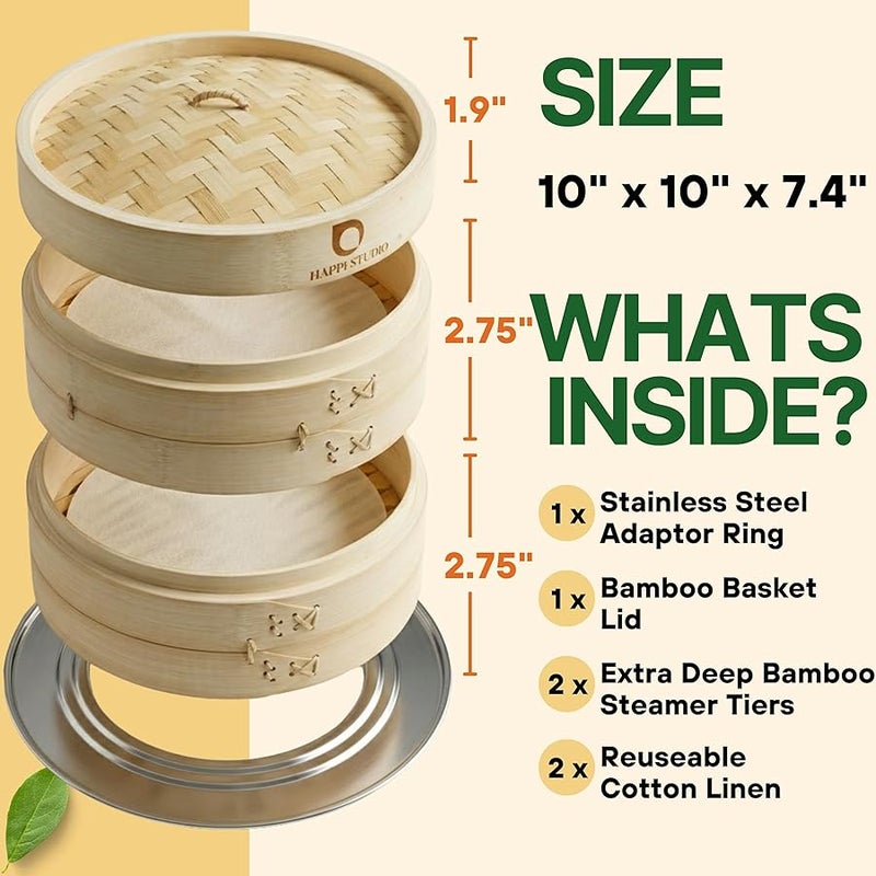 HAPPi STUDIO Bamboo Steamer 10 inch and 304 Stainless Steel Steamer Ring Set - Dumpling Steamer - 2-Tier Bamboo Steamer Basket - Steamer for Cooking Bao Buns - Steamer Basket - Image 4