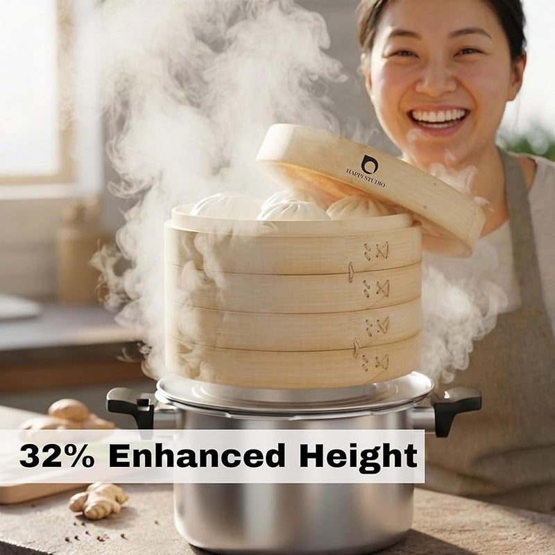HAPPi STUDIO Bamboo Steamer 10 inch and 304 Stainless Steel Steamer Ring Set - Dumpling Steamer - 2-Tier Bamboo Steamer Basket - Steamer for Cooking Bao Buns - Steamer Basket - Image 3