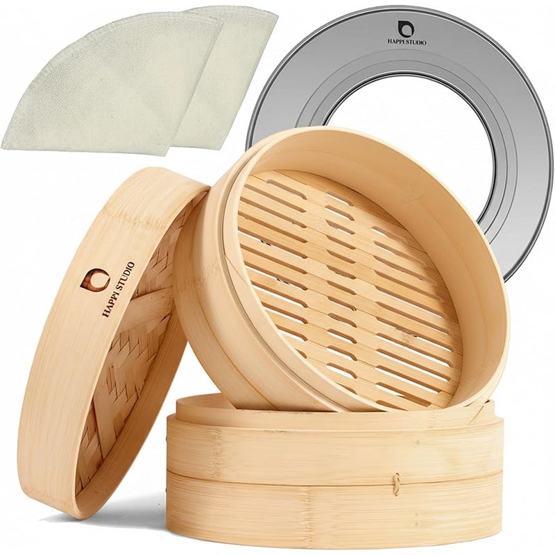 HAPPi STUDIO Bamboo Steamer 10 inch and 304 Stainless Steel Steamer Ring Set - Dumpling Steamer - 2-Tier Bamboo Steamer Basket - Steamer for Cooking Bao Buns - Steamer Basket - Image 1
