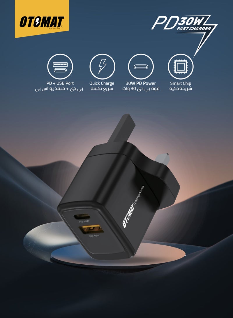 OTOMAT 48W Dual Port PD and QC Fast Charger (30W Type-C PD + 18W QC) – Innovative SIC Tech for iPhone, Android, Power Banks, Tablets – Black - Image 2