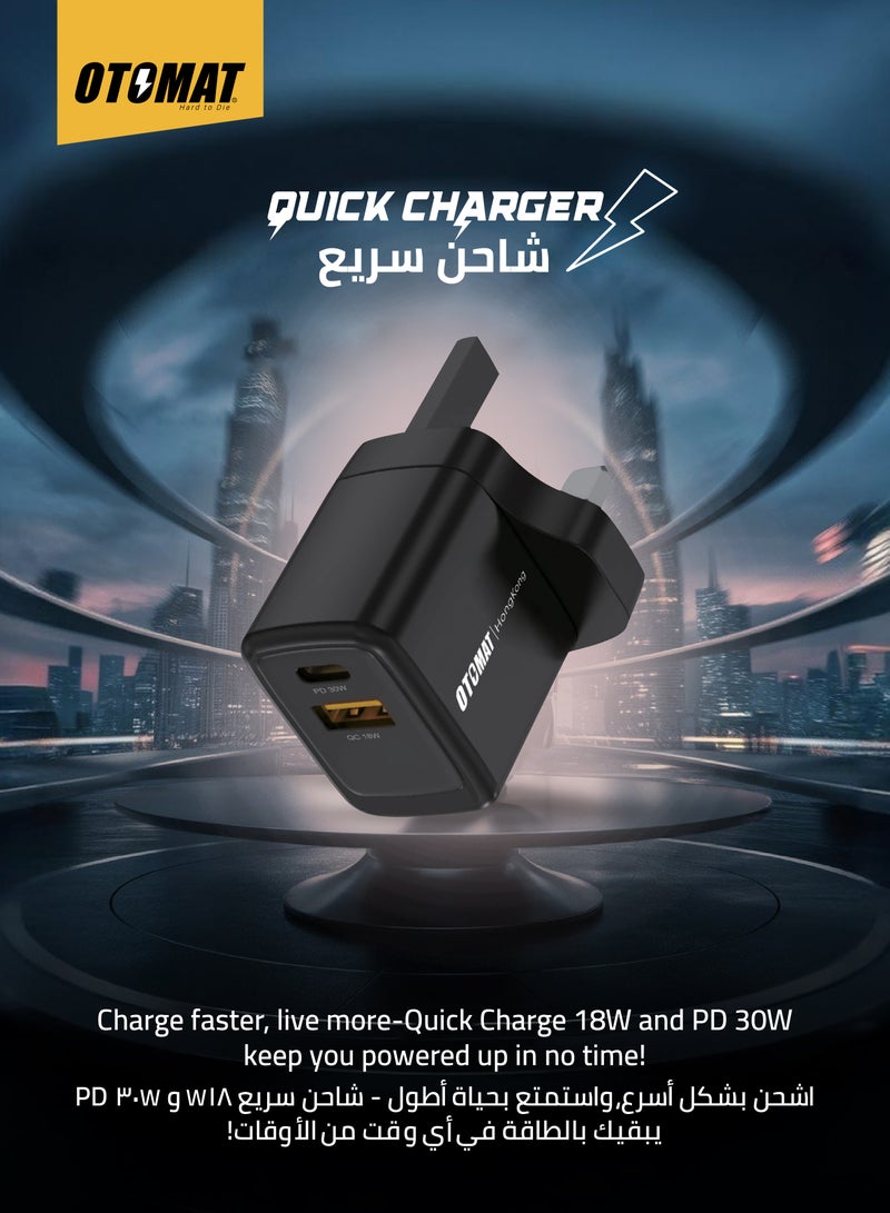 OTOMAT 48W Dual Port PD and QC Fast Charger (30W Type-C PD + 18W QC) – Innovative SIC Tech for iPhone, Android, Power Banks, Tablets – Black - Image 4