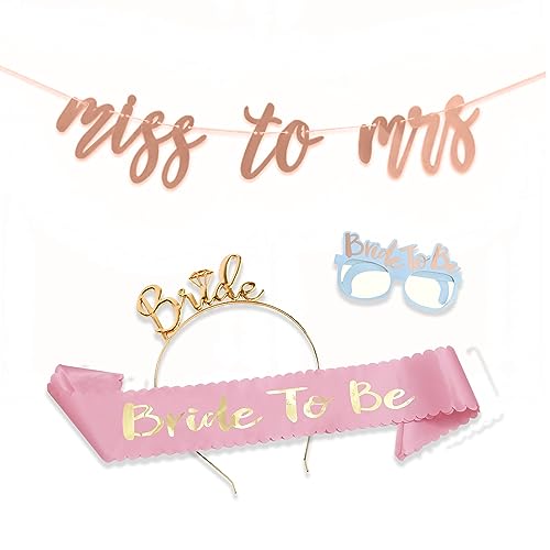 Curated Cart Bride to Be Combo Set - Pink Sash with Gold Bride to Be Text, Gold Plated Bride Headband, Miss to Mrs Banner, and Bride to Be Glasses Prop - Bridal Shower Decorations Kit Combo - Image 1