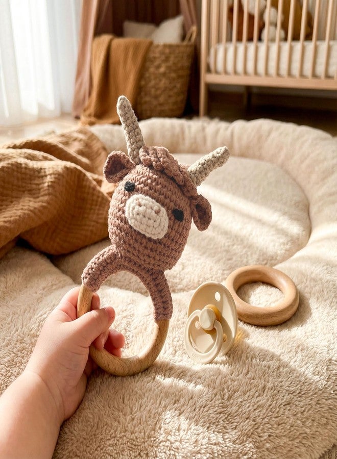 Vlokup Wooden Baby Rattle for Boys and Girls, Crochet Stuffed Animal for Newborn, 3 4 5 6 Month Toys, Highland Cow - Image 2