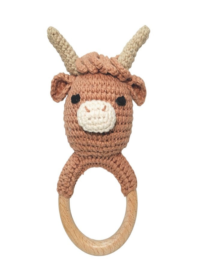 Vlokup Wooden Baby Rattle for Boys and Girls, Crochet Stuffed Animal for Newborn, 3 4 5 6 Month Toys, Highland Cow - Image 1