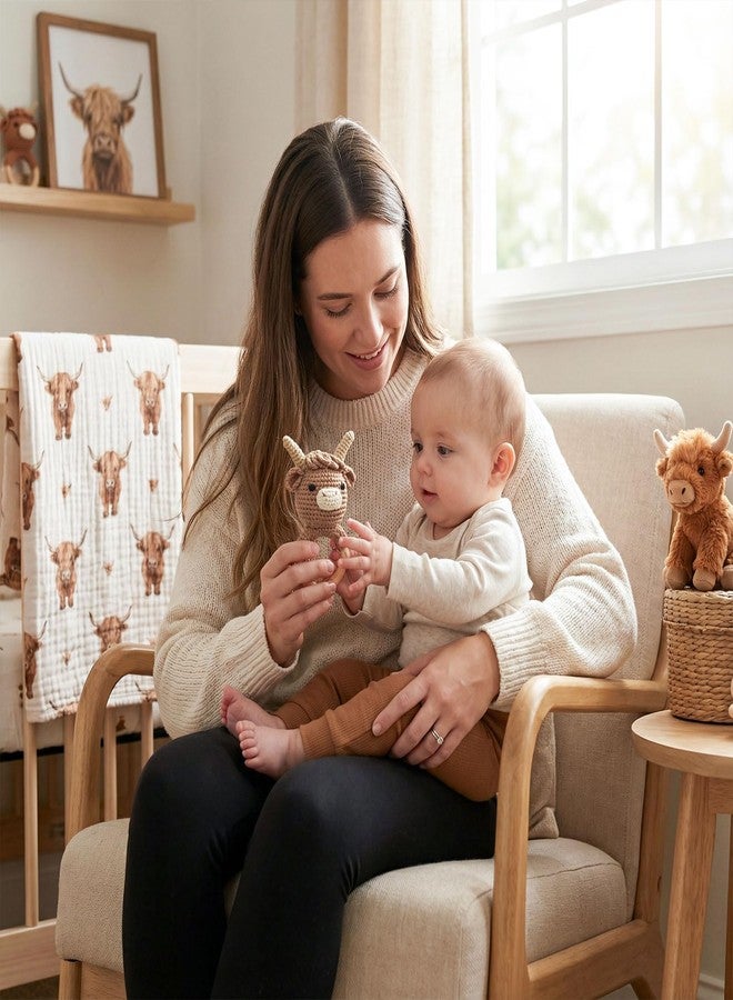 Vlokup Wooden Baby Rattle for Boys and Girls, Crochet Stuffed Animal for Newborn, 3 4 5 6 Month Toys, Highland Cow - Image 4