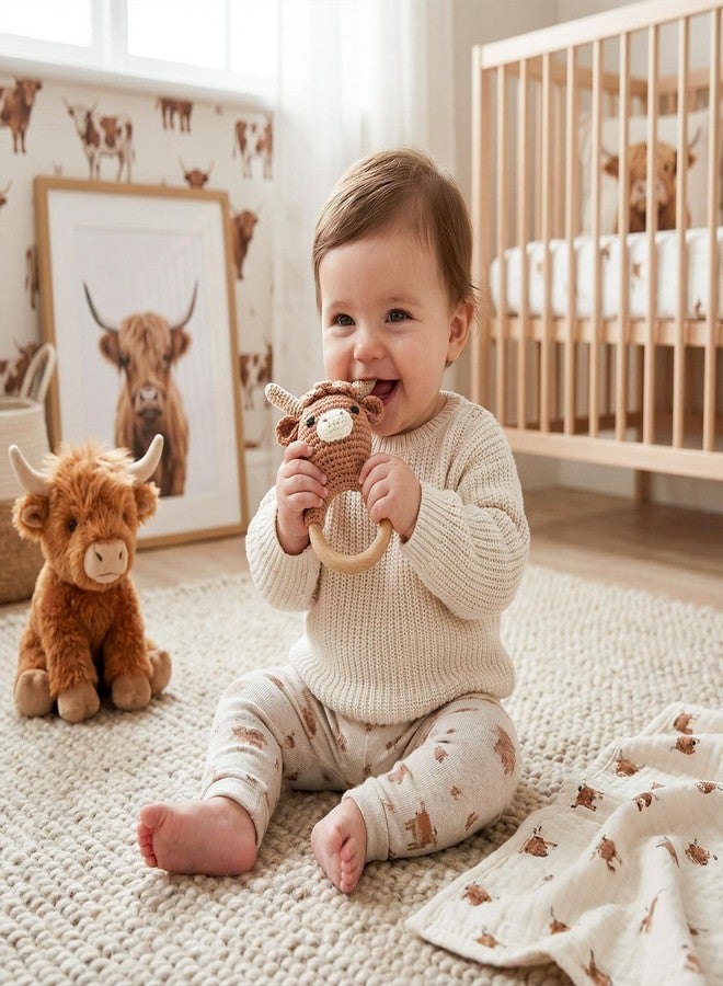 Vlokup Wooden Baby Rattle for Boys and Girls, Crochet Stuffed Animal for Newborn, 3 4 5 6 Month Toys, Highland Cow - Image 3