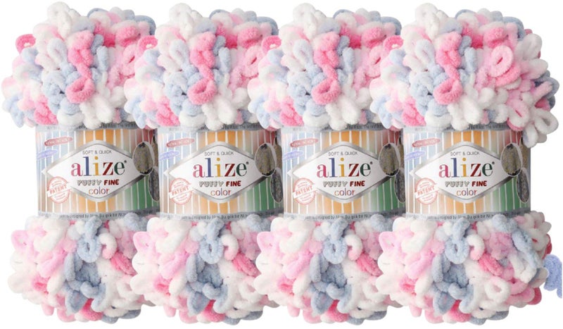 Alize Puffy Fine Color Baby Blanket Small Loop 100% Micropolyester Soft Yarn Lot of 4skn 400gr 64yds (5945)