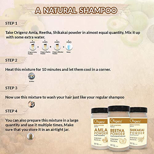 Origenz Reetha, Shikakai and Amla Powder Combo Pack for Hair Care, Wash, Healthy Scalp, Nourishment, Mask, Helps to Control Dandruff, Hairfall | Natural Cleanser | Indian Gooseberry | Sapindus mukorossi | Acacia concinna | 300gm - Image 4