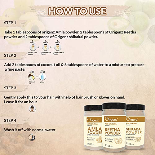 Origenz Reetha, Shikakai and Amla Powder Combo Pack for Hair Care, Wash, Healthy Scalp, Nourishment, Mask, Helps to Control Dandruff, Hairfall | Natural Cleanser | Indian Gooseberry | Sapindus mukorossi | Acacia concinna | 300gm - Image 5