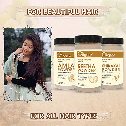 Origenz Reetha, Shikakai and Amla Powder Combo Pack for Hair Care, Wash, Healthy Scalp, Nourishment, Mask, Helps to Control Dandruff, Hairfall | Natural Cleanser | Indian Gooseberry | Sapindus mukorossi | Acacia concinna | 300gm - Image 2