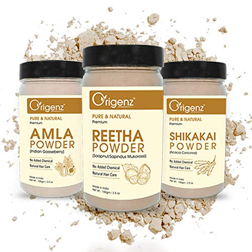 Origenz Reetha, Shikakai and Amla Powder Combo Pack for Hair Care, Wash, Healthy Scalp, Nourishment, Mask, Helps to Control Dandruff, Hairfall | Natural Cleanser | Indian Gooseberry | Sapindus mukorossi | Acacia concinna | 300gm - Image 1