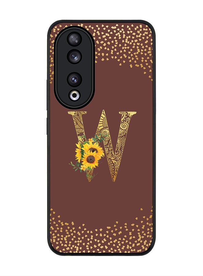 Rugged Black edge case for Honor 90 5G, Slim fit Flexible Anti Drop Thin Cover - Custom Monogram Initial Letter Floral Pattern Alphabet - W  (Brown )