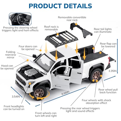 FRJV Toy Trucks for Boys 1 24 Diecast Cars Tacoma Toy TruckCollectible Metal Pickup Trucks Model Car KitsPull Back Tacoma Truck Toy with Lights and SoundsToy Trucks for Boys Age 47White - Image 5