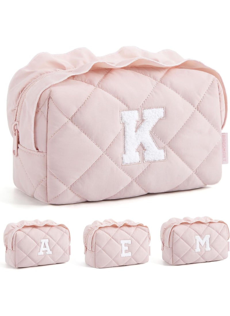 BAGSMART BAGSMART Small Makeup Bag, Travel Personalized Initial Cosmetic Bags for Women, Pink Makeup Pouch, Make up Organizer Case, Puffy Pouch Purse, Travel Essentials, Toiletries Accessories Brushes(K, Pink) 