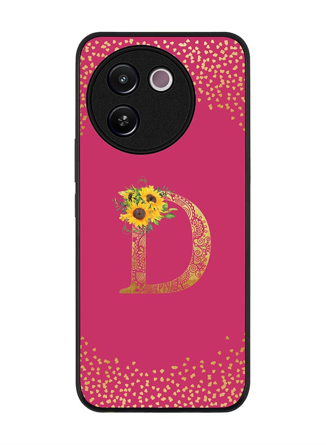 Stylizedd Rugged Black edge case for Vivo V30e, Slim fit Case Flexible Cover - Custom Monogram Initial Letter Floral Pattern Alphabet - D ( Deep Pink Rose ) - Image 1
