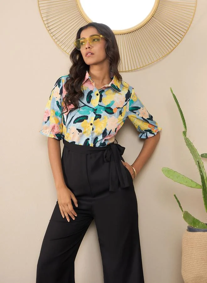 StyleStone  Stylestone Floral Print Spread Collar Buttoned Jumpsuit for Women | Best Price UAE