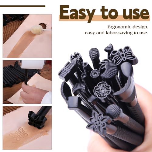 QMNNMA 20 PCS Leather Stamping Tools, Different Shape Saddle Making Stamp Punch Set, Carving Leather Craft Stamp Tools for Craft DIY Working - Image 3