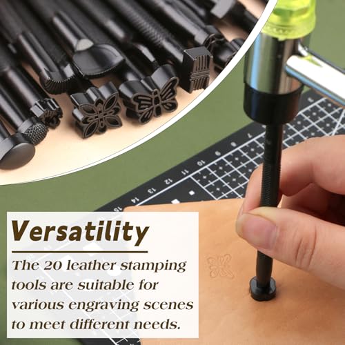 QMNNMA 20 PCS Leather Stamping Tools, Different Shape Saddle Making Stamp Punch Set, Carving Leather Craft Stamp Tools for Craft DIY Working - Image 5