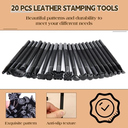 QMNNMA 20 PCS Leather Stamping Tools, Different Shape Saddle Making Stamp Punch Set, Carving Leather Craft Stamp Tools for Craft DIY Working - Image 2