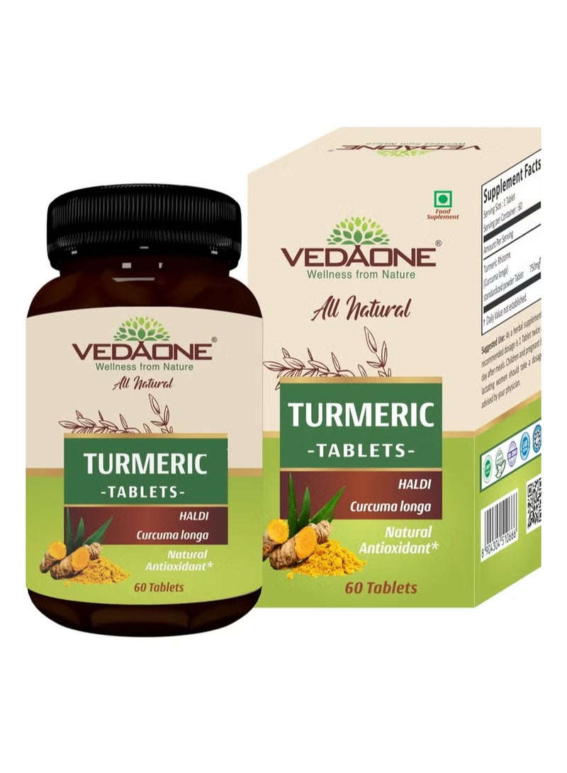 VEDAONE All Natural Turmeric/Curcumin Tablets | 750mg Each | 60 Caplets | 100% Turmeric/Haldi Tablets for Men and Women | Supports Joints, Immune System, Digestive Health, Skin & Stress Relief - Image 1