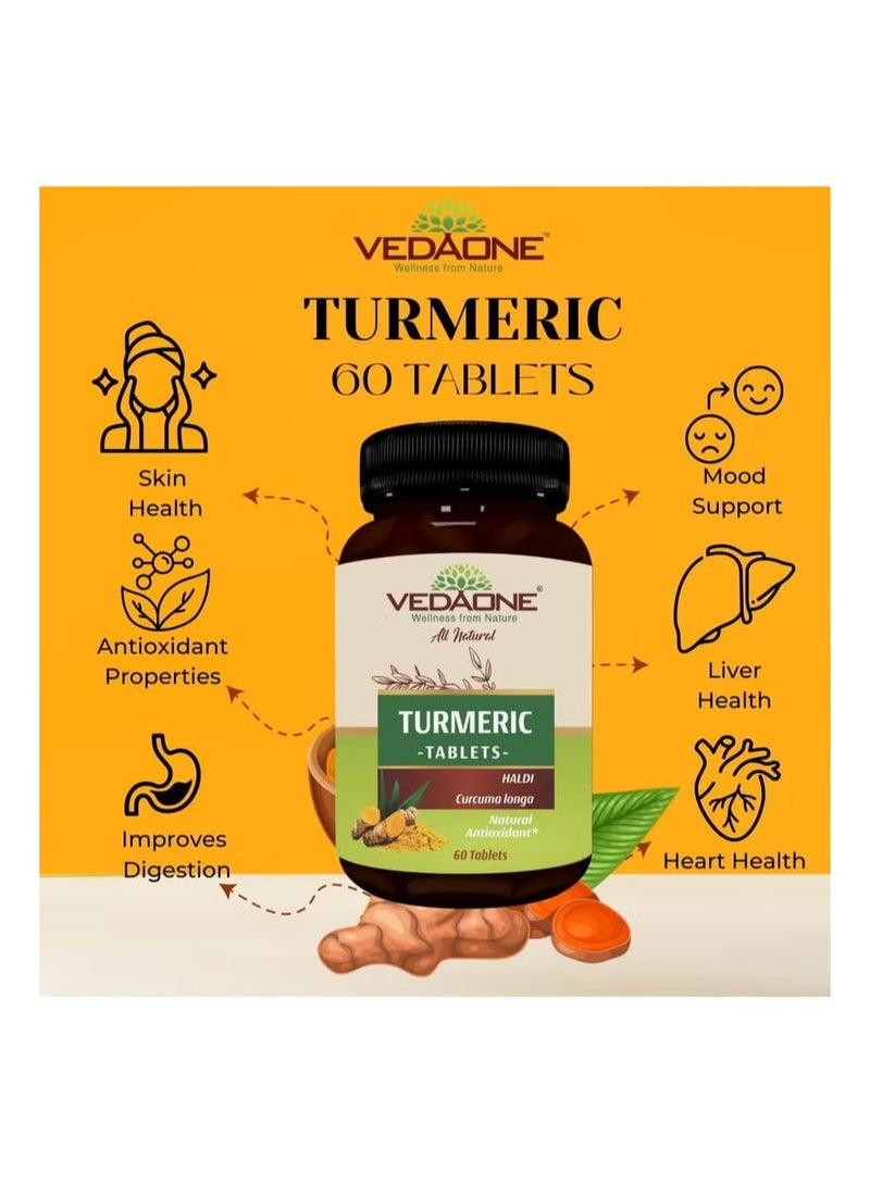 VEDAONE All Natural Turmeric/Curcumin Tablets | 750mg Each | 60 Caplets | 100% Turmeric/Haldi Tablets for Men and Women | Supports Joints, Immune System, Digestive Health, Skin & Stress Relief - Image 3