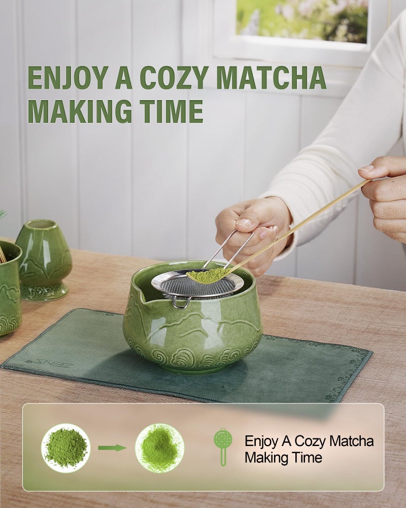 ZENS Matcha Whisk Set, 6Pcs Matcha Kit Set Includes Ceramic Bowl, Bamboo Whisk and Chasen Holder,Scoop, 304 Stainless Sifter & Tea Mat, Matcha Set for Tea Ceremony, Blue - Image 4