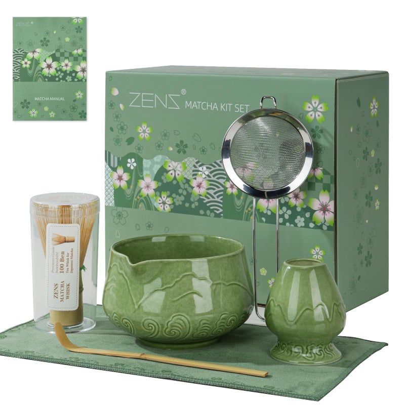 ZENS Matcha Whisk Set, 6Pcs Matcha Kit Set Includes Ceramic Bowl, Bamboo Whisk and Chasen Holder,Scoop, 304 Stainless Sifter & Tea Mat, Matcha Set for Tea Ceremony, Blue - Image 1