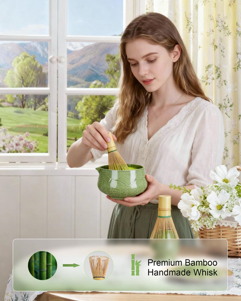 ZENS Matcha Whisk Set, 6Pcs Matcha Kit Set Includes Ceramic Bowl, Bamboo Whisk and Chasen Holder,Scoop, 304 Stainless Sifter & Tea Mat, Matcha Set for Tea Ceremony, Blue - Image 5