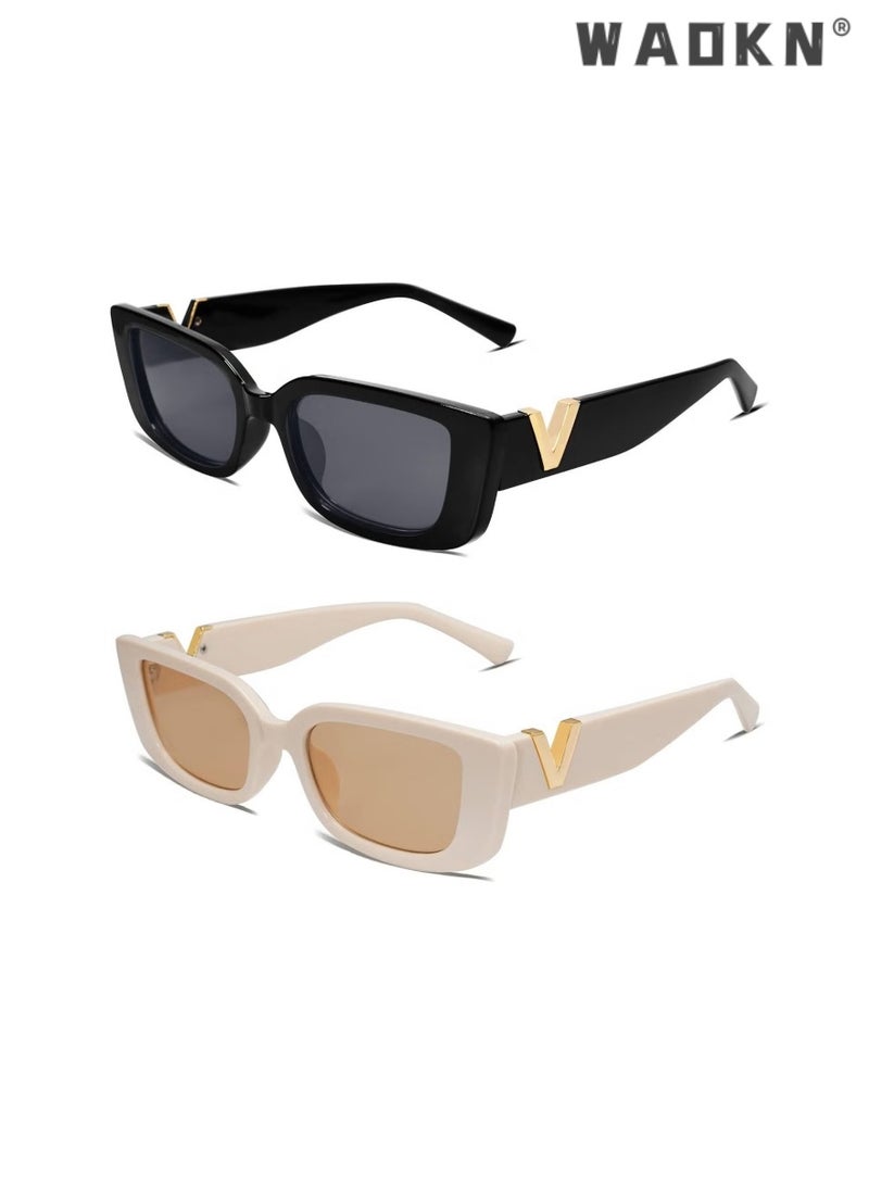 WAOKN 2 PCS Retro Rectangle Sunglasses for Women Men UV400 Protection Glasse, Vintage Driving Small Square Street Photography Trendy and Fashionable Narrow Square Frame Sunglasses (Black,White) - Image 1