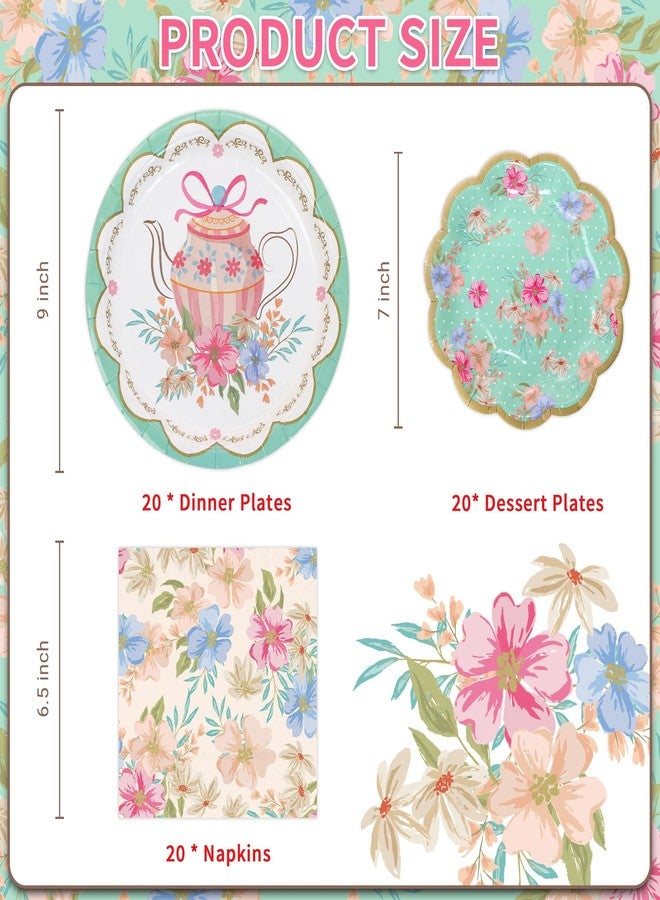 DYLIVeS Floral Tea Party Plates and Napkins tableware bulk lets partea Paper Plates Dessert Plates and Napkins vintage Floral theme plates napkins for afternoon Garden Tea Birthday decoration, Serve 20 - Image 2