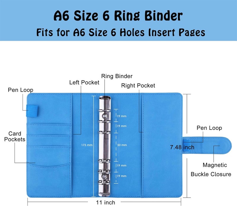 Antner A6 6-Ring Refillable Binder for A6 Refill Sheets, Synthetic Leather Personal Planner, Money Organizer, Budget Binder with Magnetic Buckle Closure, Blue Standard fit - Image 2