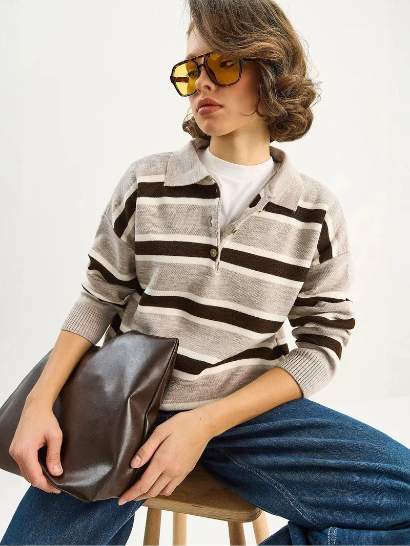 Bianco Lucci Natural LUCCI Polo Collar Long Sleeve Knit Sweater for Women | Best Price UAE