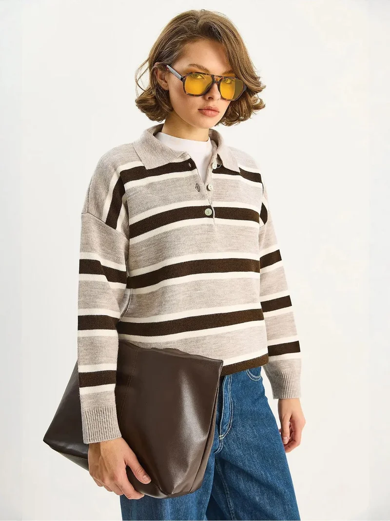 Bianco Lucci Natural LUCCI Polo Collar Long Sleeve Knit Sweater for Women | Best Price UAE
