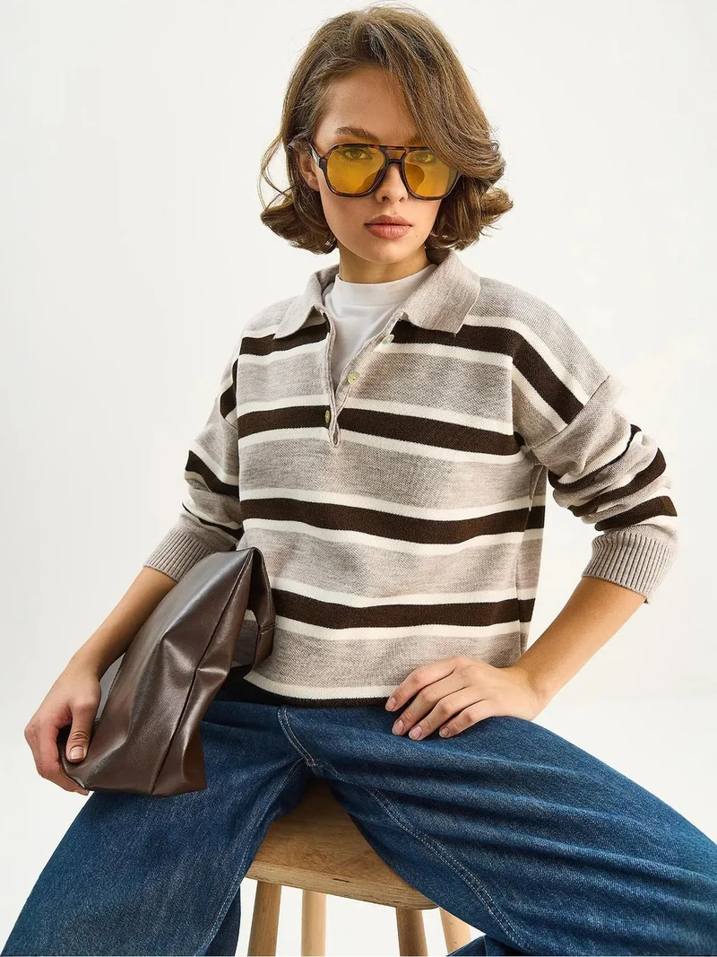 Bianco Lucci Natural LUCCI Polo Collar Long Sleeve Knit Sweater for Women | Best Price UAE